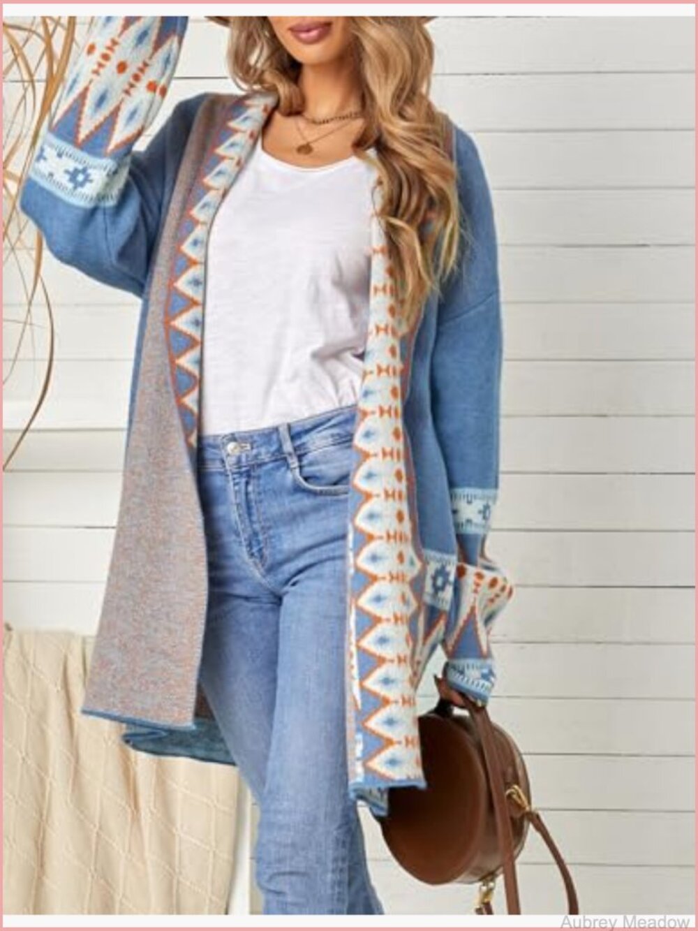 Boho Aztec Cardigan Sweater Shawl Collar Open Front Long Cardigan with Pockets - Picture 4 of 7